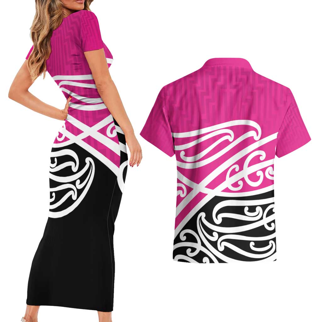 All Pink New Zealand Kowhai Ngutukak Couples Matching Short Sleeve Bodycon Dress and Hawaiian Shirt - Polynesian Pride