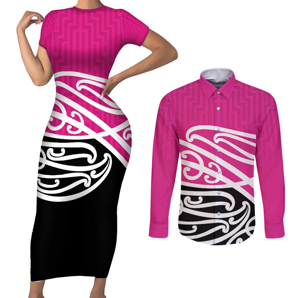 All Pink New Zealand Kowhai Ngutukak Couples Matching Short Sleeve Bodycon Dress and Long Sleeve Button Shirt - Polynesian Pride
