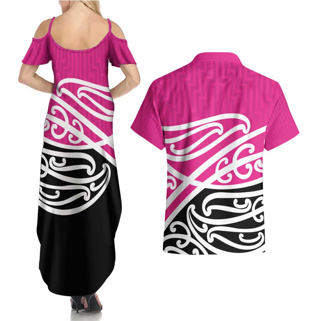 All Pink New Zealand Kowhai Ngutukak Couples Matching Summer Maxi Dress and Hawaiian Shirt - Polynesian Pride