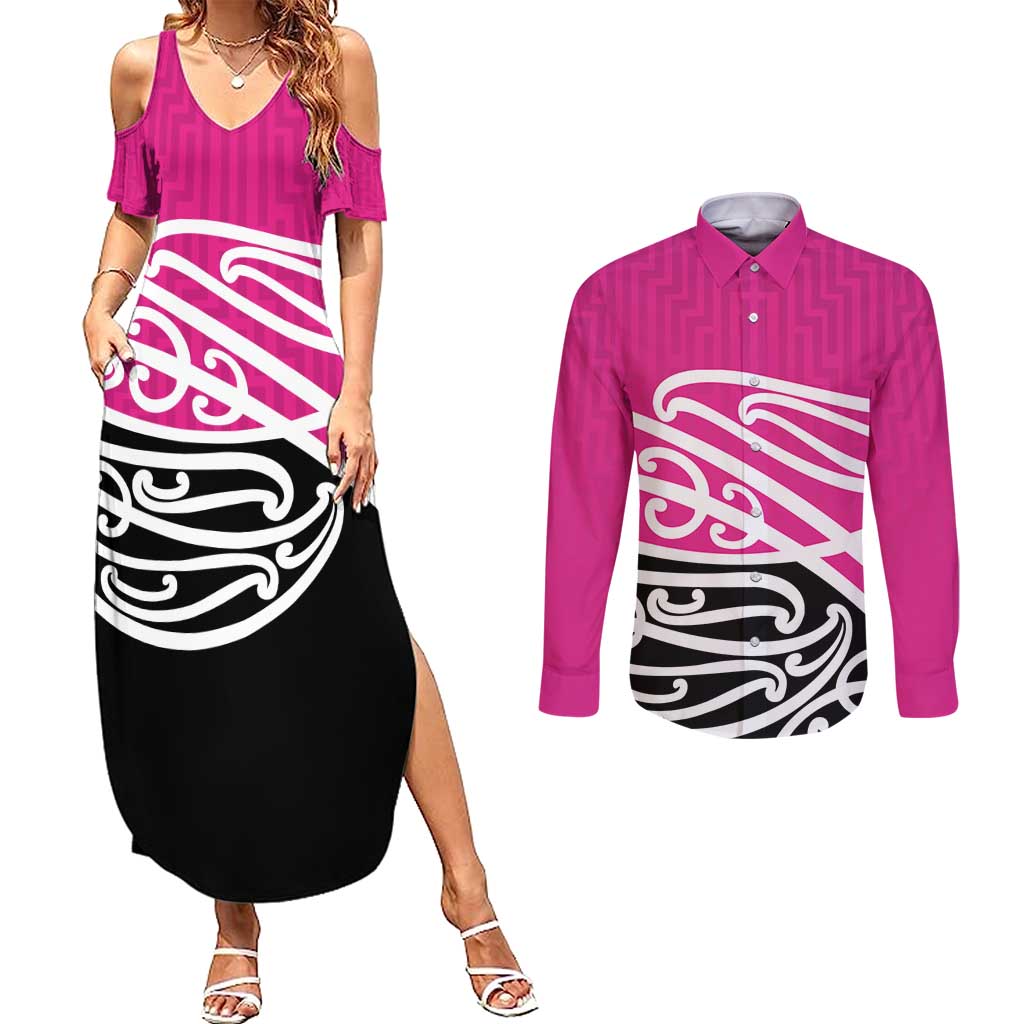 All Pink New Zealand Kowhai Ngutukak Couples Matching Summer Maxi Dress and Long Sleeve Button Shirt - Polynesian Pride