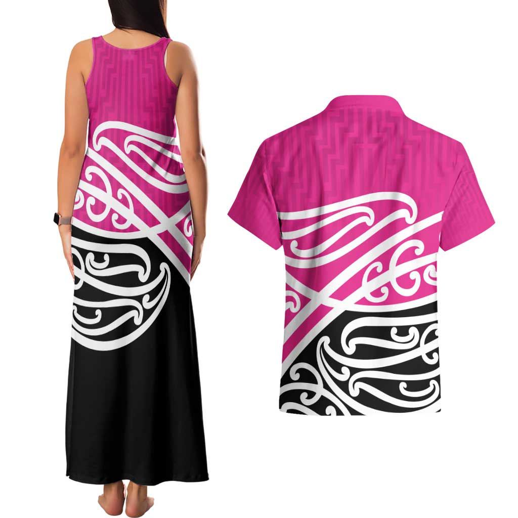 All Pink New Zealand Kowhai Ngutukak Couples Matching Tank Maxi Dress and Hawaiian Shirt - Polynesian Pride