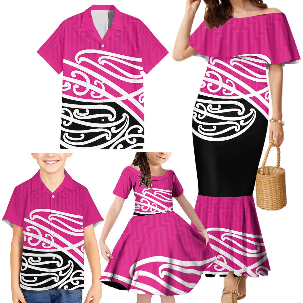 All Pink New Zealand Kowhai Ngutukak Family Matching Mermaid Dress and Hawaiian Shirt - Polynesian Pride