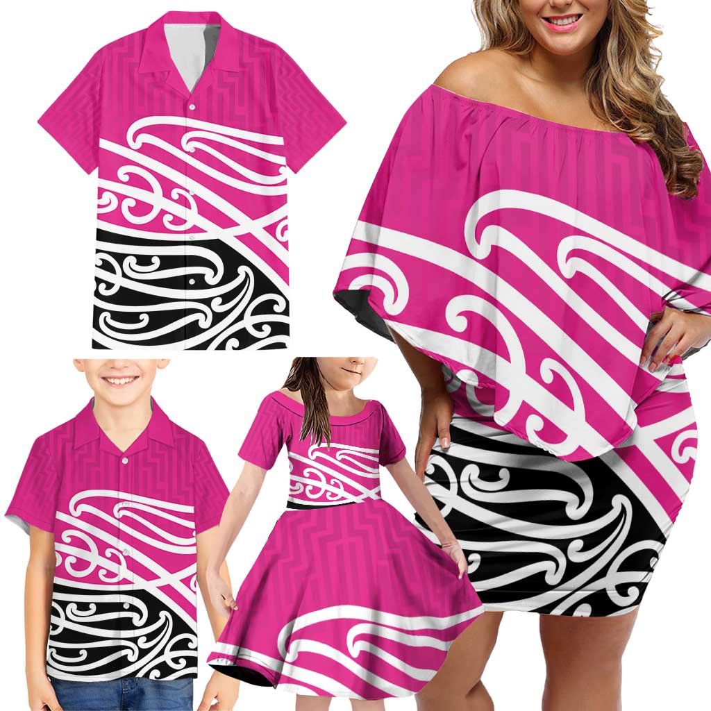 All Pink New Zealand Kowhai Ngutukak Family Matching Off Shoulder Short Dress and Hawaiian Shirt - Polynesian Pride