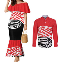 All Red New Zealand Kowhai Ngutukak Couples Matching Mermaid Dress and Long Sleeve Button Shirt - Polynesian Pride