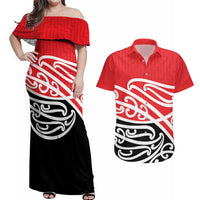 All Red New Zealand Kowhai Ngutukak Couples Matching Off Shoulder Maxi Dress and Hawaiian Shirt - Polynesian Pride