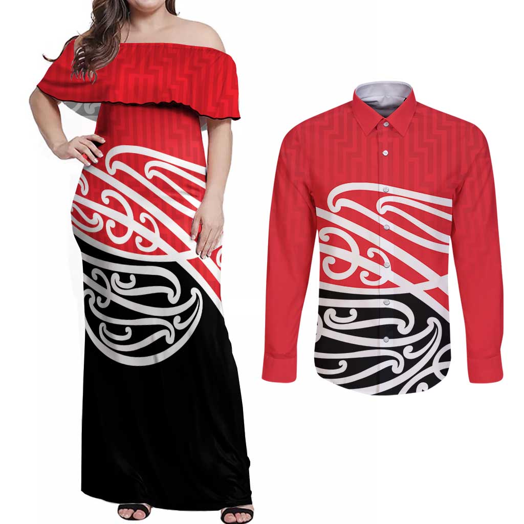 All Red New Zealand Kowhai Ngutukak Couples Matching Off Shoulder Maxi Dress and Long Sleeve Button Shirt - Polynesian Pride