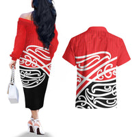 All Red New Zealand Kowhai Ngutukak Couples Matching Off The Shoulder Long Sleeve Dress and Hawaiian Shirt - Polynesian Pride