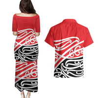 All Red New Zealand Kowhai Ngutukak Couples Matching Puletasi and Hawaiian Shirt - Polynesian Pride