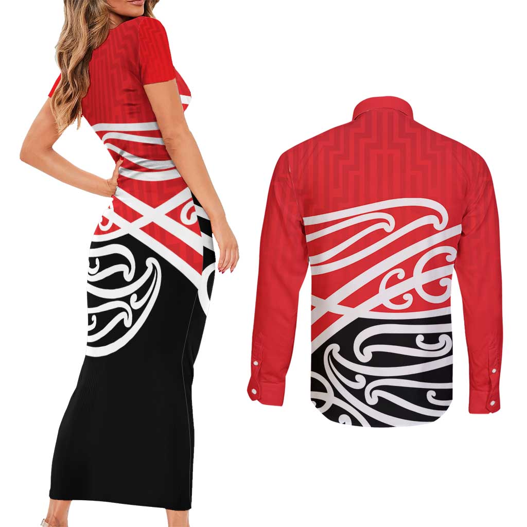 All Red New Zealand Kowhai Ngutukak Couples Matching Short Sleeve Bodycon Dress and Long Sleeve Button Shirt - Polynesian Pride