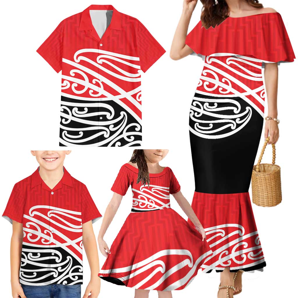 All Red New Zealand Kowhai Ngutukak Family Matching Mermaid Dress and Hawaiian Shirt - Polynesian Pride