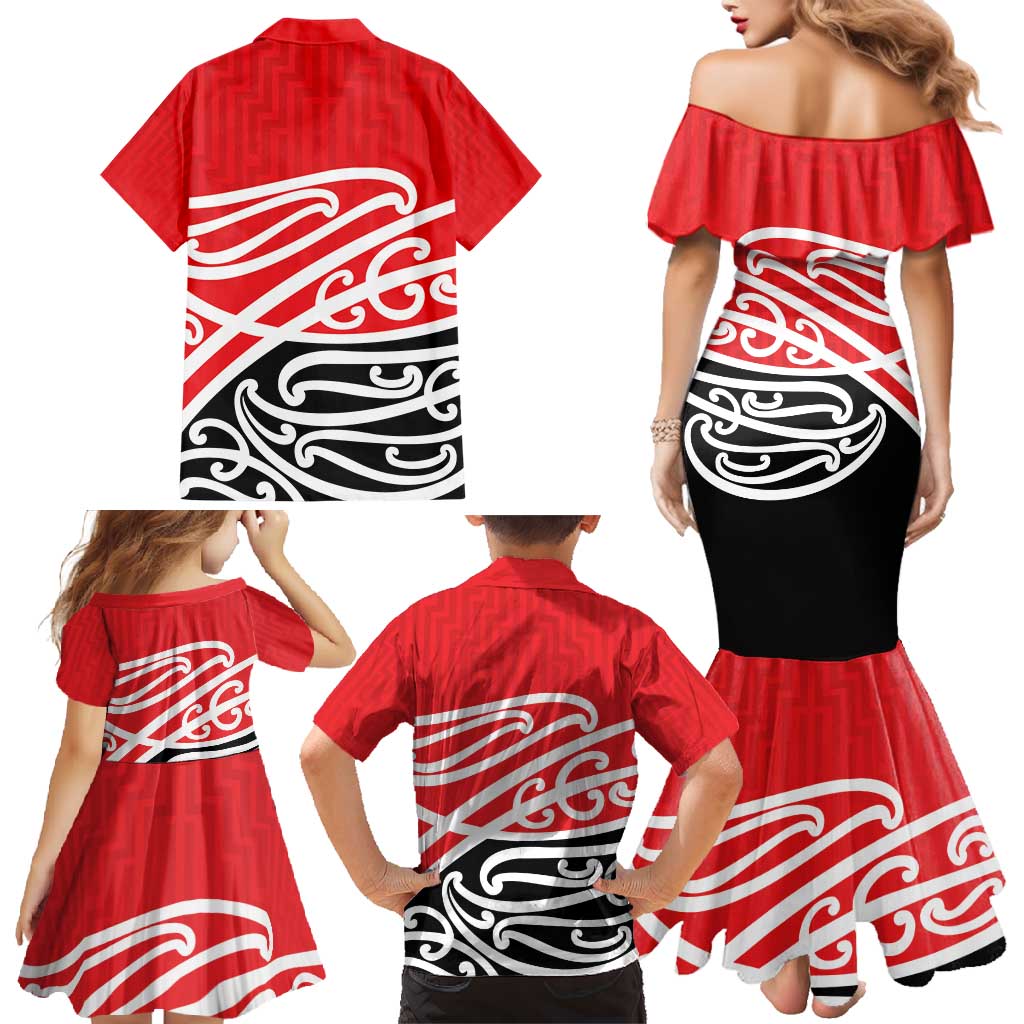 All Red New Zealand Kowhai Ngutukak Family Matching Mermaid Dress and Hawaiian Shirt - Polynesian Pride