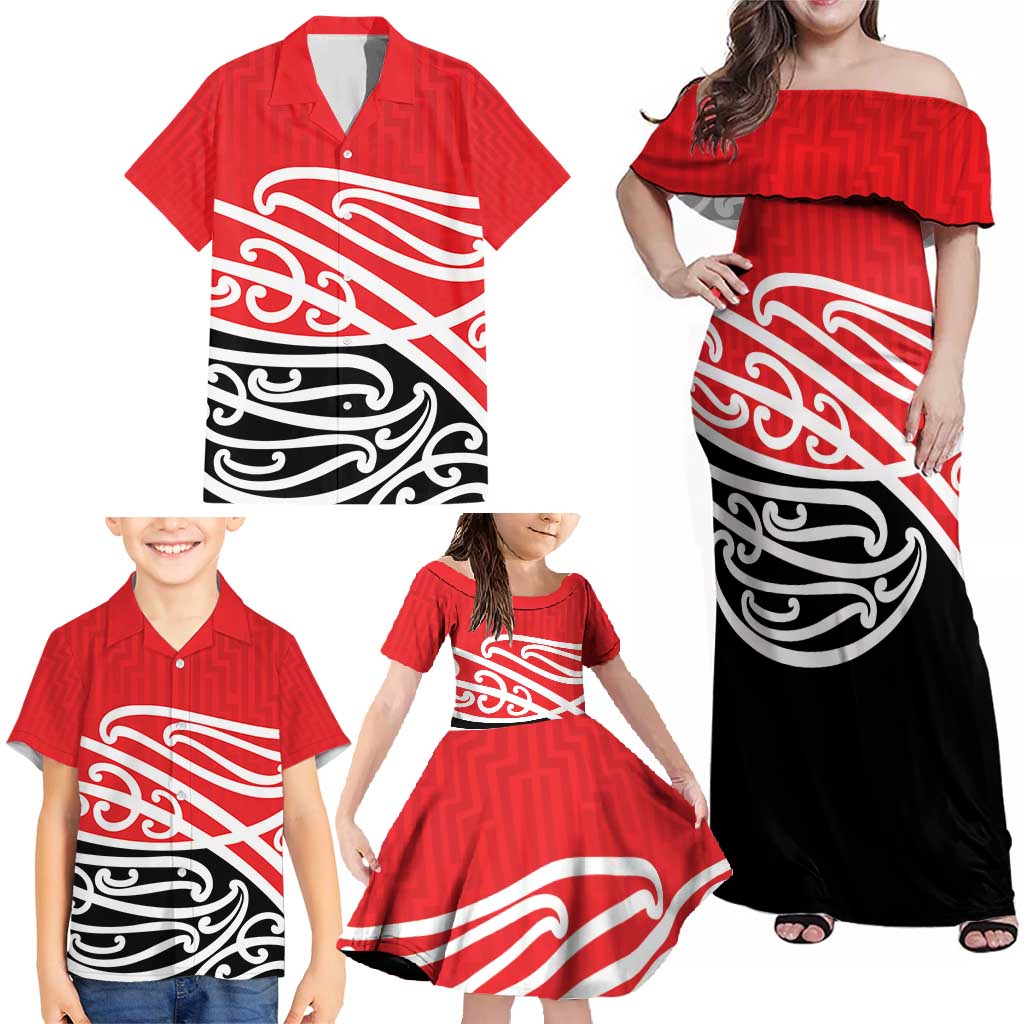 All Red New Zealand Kowhai Ngutukak Family Matching Off Shoulder Maxi Dress and Hawaiian Shirt - Polynesian Pride