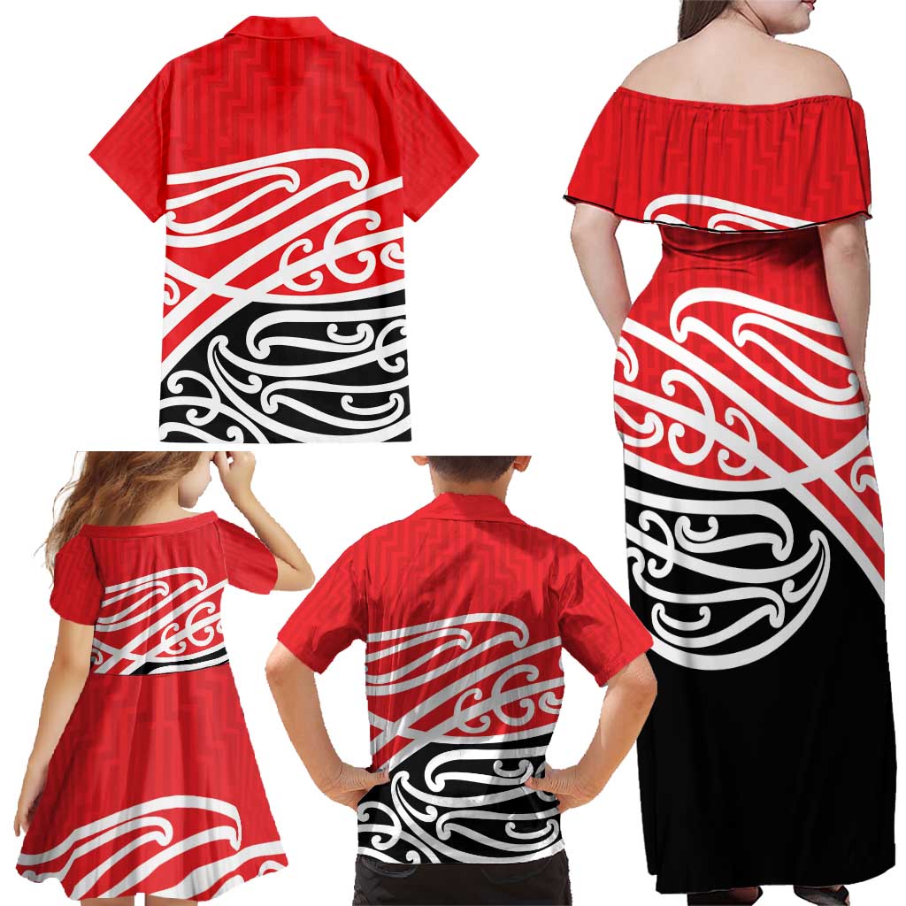 All Red New Zealand Kowhai Ngutukak Family Matching Off Shoulder Maxi Dress and Hawaiian Shirt - Polynesian Pride