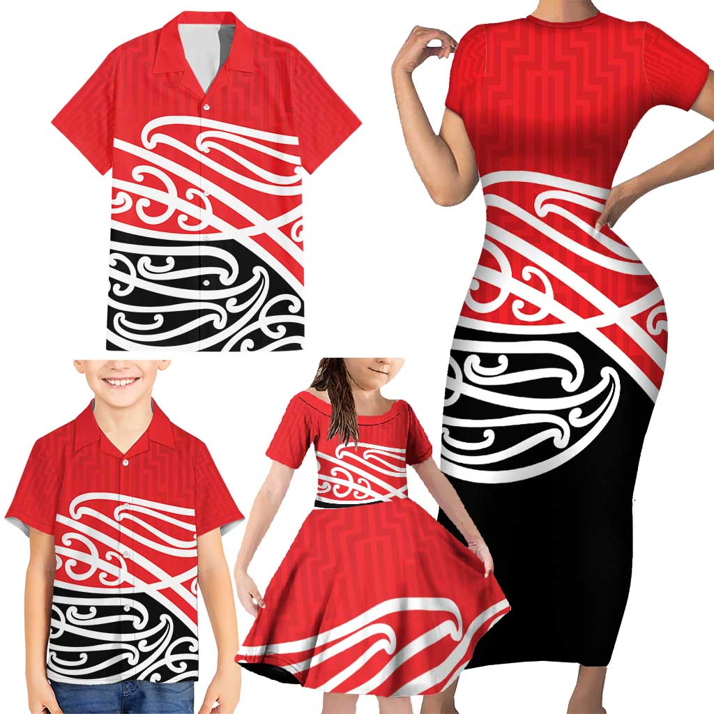 All Red New Zealand Kowhai Ngutukak Family Matching Short Sleeve Bodycon Dress and Hawaiian Shirt - Polynesian Pride