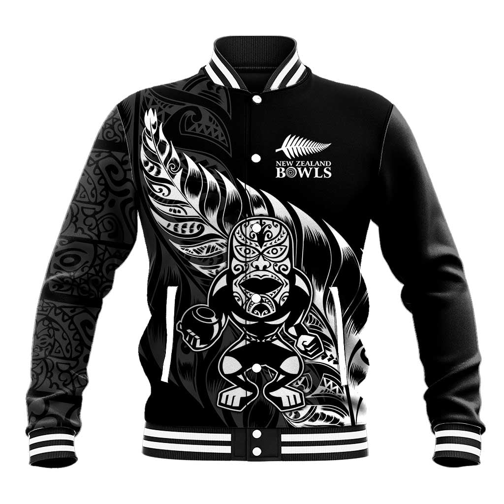 New Zealand Lawn Bowls Custom Baseball Jacket Black Maori Warrior Tribal Silver Fern - Polynesian Pride