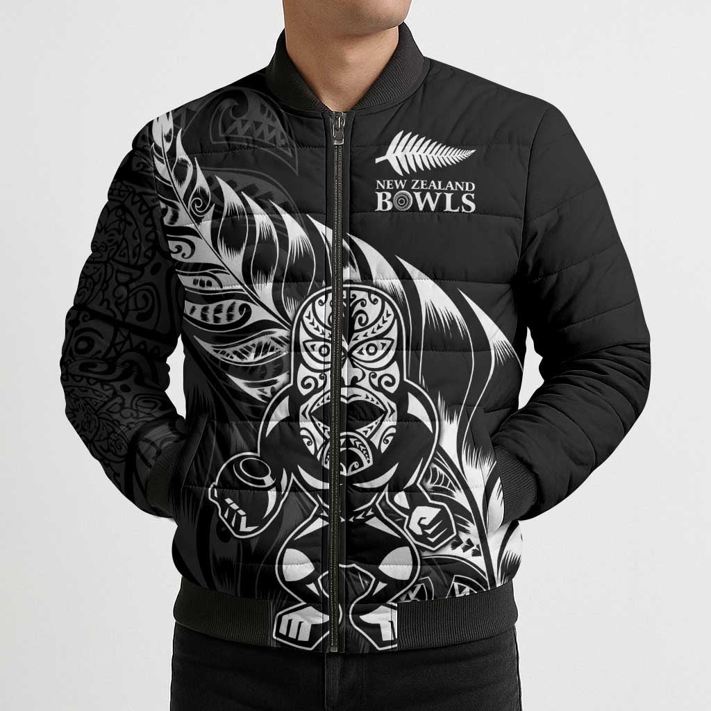 New Zealand Lawn Bowls Custom Bomber Puffer Jacket Black Maori Warrior Tribal Silver Fern - Polynesian Pride