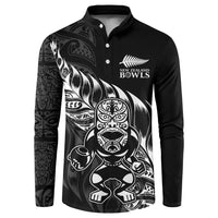 New Zealand Lawn Bowls Custom Button Sweatshirt Black Maori Warrior Tribal Silver Fern - Polynesian Pride