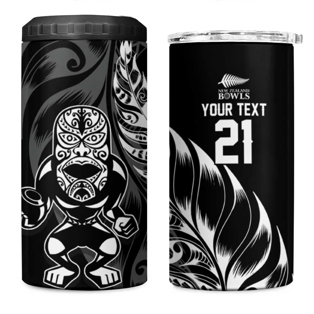 New Zealand Lawn Bowls Custom 4 in 1 Can Cooler Tumbler Black Maori Warrior Tribal Silver Fern - Polynesian Pride