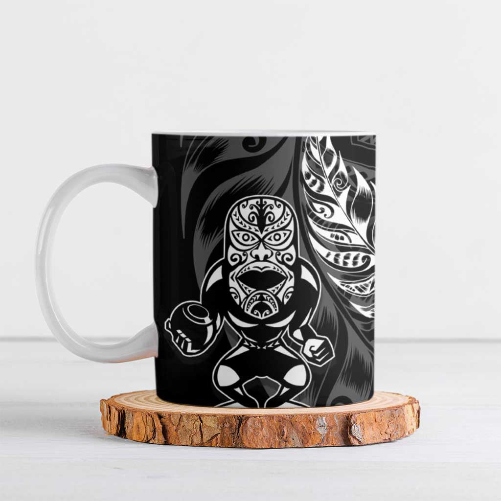 New Zealand Lawn Bowls Custom Ceramic Mug Black Maori Warrior Tribal Silver Fern - Polynesian Pride