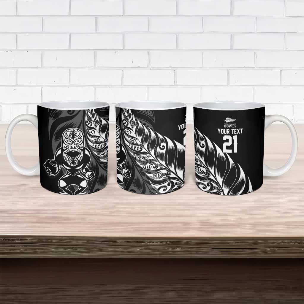 New Zealand Lawn Bowls Custom Ceramic Mug Black Maori Warrior Tribal Silver Fern - Polynesian Pride