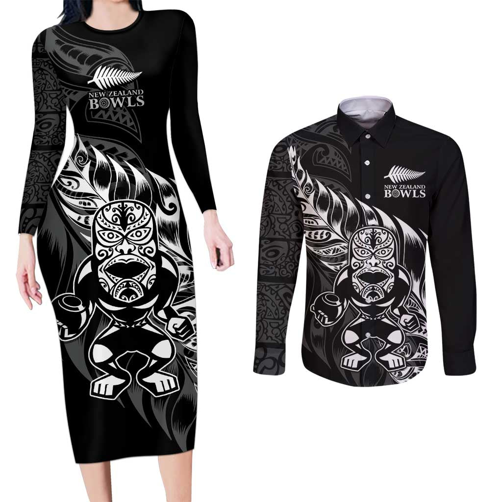 New Zealand Lawn Bowls Custom Couples Matching Long Sleeve Bodycon Dress and Long Sleeve Button Shirt Black Maori Warrior Tribal Silver Fern - Polynesian Pride