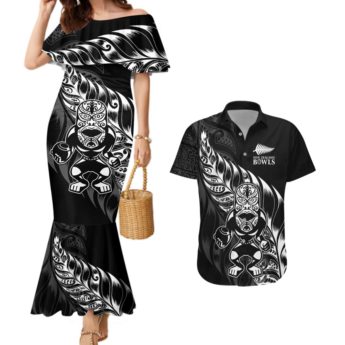 New Zealand Lawn Bowls Custom Couples Matching Mermaid Dress and Hawaiian Shirt Black Maori Warrior Tribal Silver Fern - Polynesian Pride