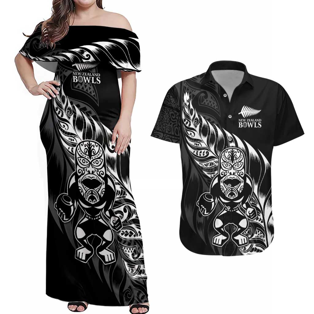 New Zealand Lawn Bowls Custom Couples Matching Off Shoulder Maxi Dress and Hawaiian Shirt Black Maori Warrior Tribal Silver Fern - Polynesian Pride