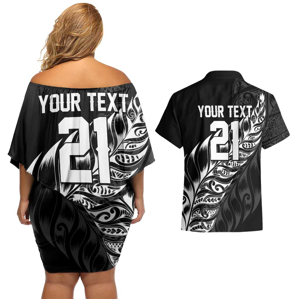 New Zealand Lawn Bowls Custom Couples Matching Off Shoulder Short Dress and Hawaiian Shirt Black Maori Warrior Tribal Silver Fern - Polynesian Pride