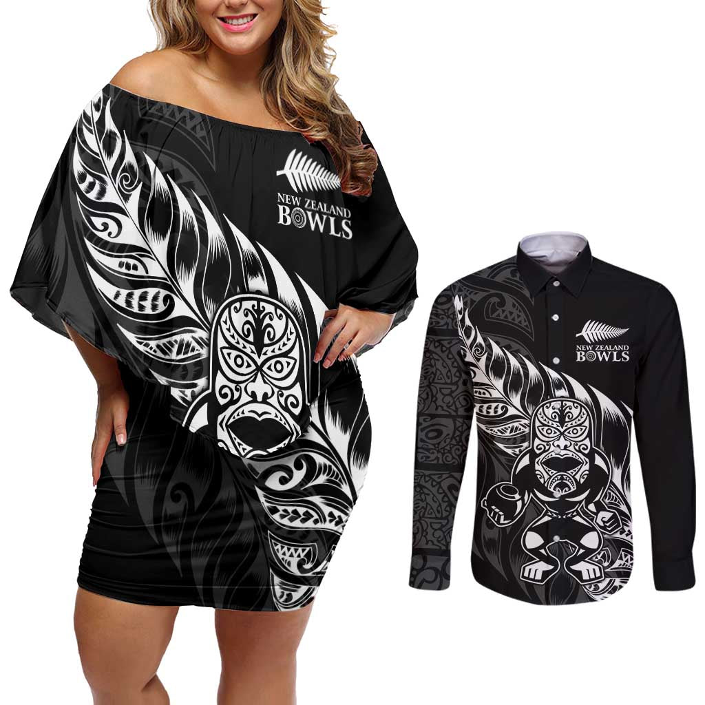 New Zealand Lawn Bowls Custom Couples Matching Off Shoulder Short Dress and Long Sleeve Button Shirt Black Maori Warrior Tribal Silver Fern - Polynesian Pride