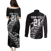 New Zealand Lawn Bowls Custom Couples Matching Puletasi and Long Sleeve Button Shirt Black Maori Warrior Tribal Silver Fern - Polynesian Pride
