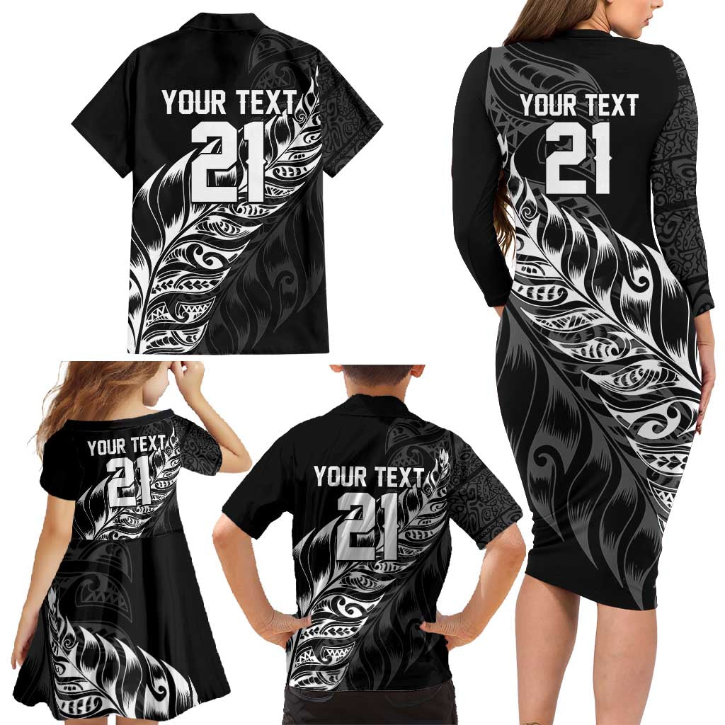 New Zealand Lawn Bowls Custom Family Matching Long Sleeve Bodycon Dress and Hawaiian Shirt Black Maori Warrior Tribal Silver Fern - Polynesian Pride
