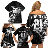 New Zealand Lawn Bowls Custom Family Matching Off Shoulder Short Dress and Hawaiian Shirt Black Maori Warrior Tribal Silver Fern - Polynesian Pride