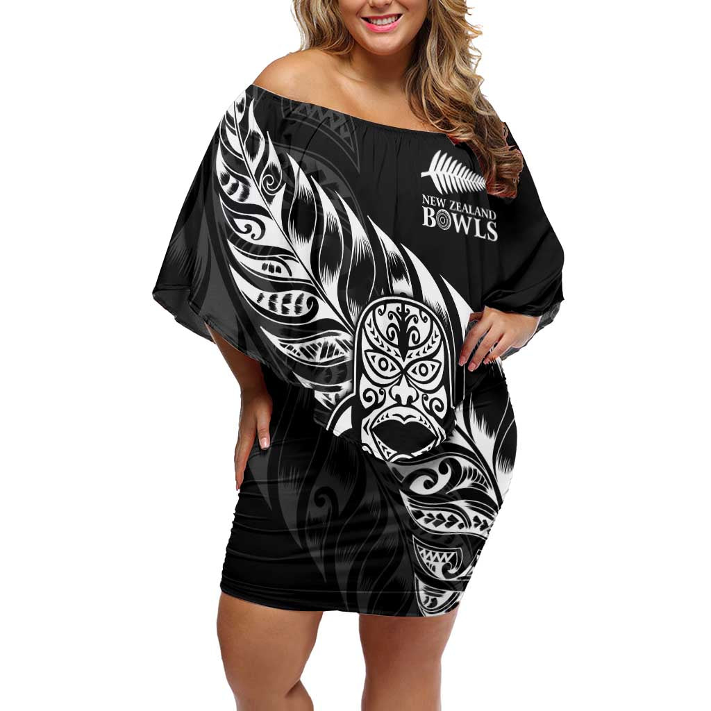 New Zealand Lawn Bowls Custom Family Matching Off Shoulder Short Dress and Hawaiian Shirt Black Maori Warrior Tribal Silver Fern - Polynesian Pride