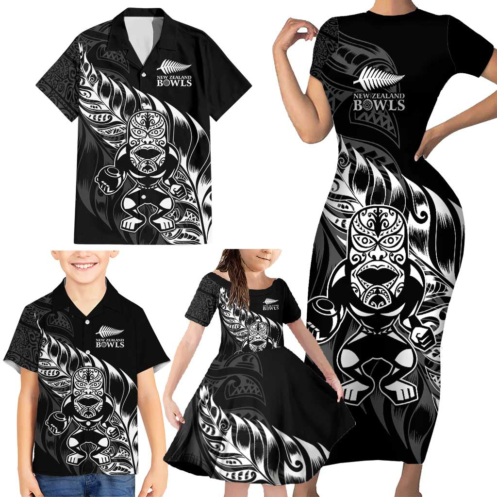 New Zealand Lawn Bowls Custom Family Matching Short Sleeve Bodycon Dress and Hawaiian Shirt Black Maori Warrior Tribal Silver Fern - Polynesian Pride