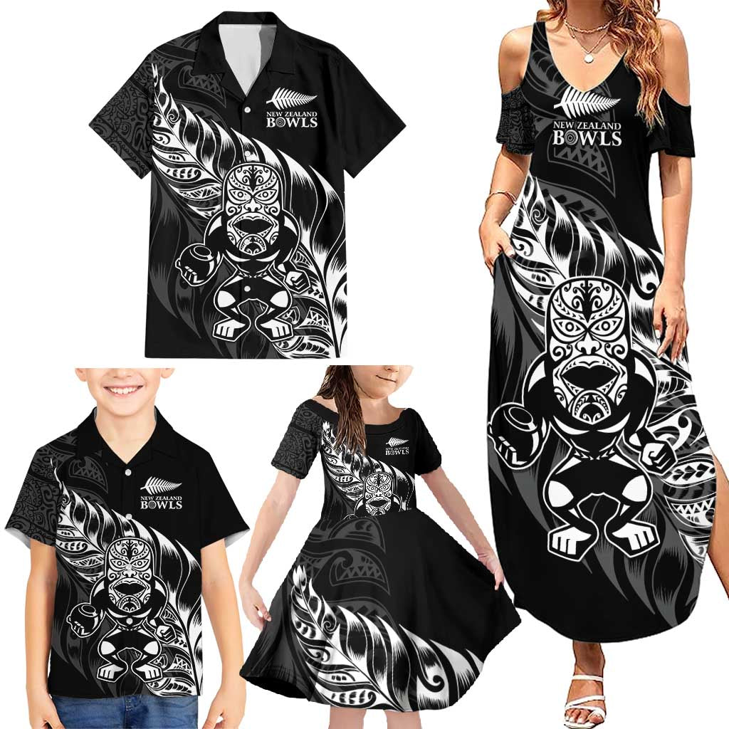 New Zealand Lawn Bowls Custom Family Matching Summer Maxi Dress and Hawaiian Shirt Black Maori Warrior Tribal Silver Fern - Polynesian Pride