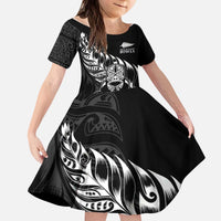 New Zealand Lawn Bowls Custom Kid Short Sleeve Dress Black Maori Warrior Tribal Silver Fern - Polynesian Pride
