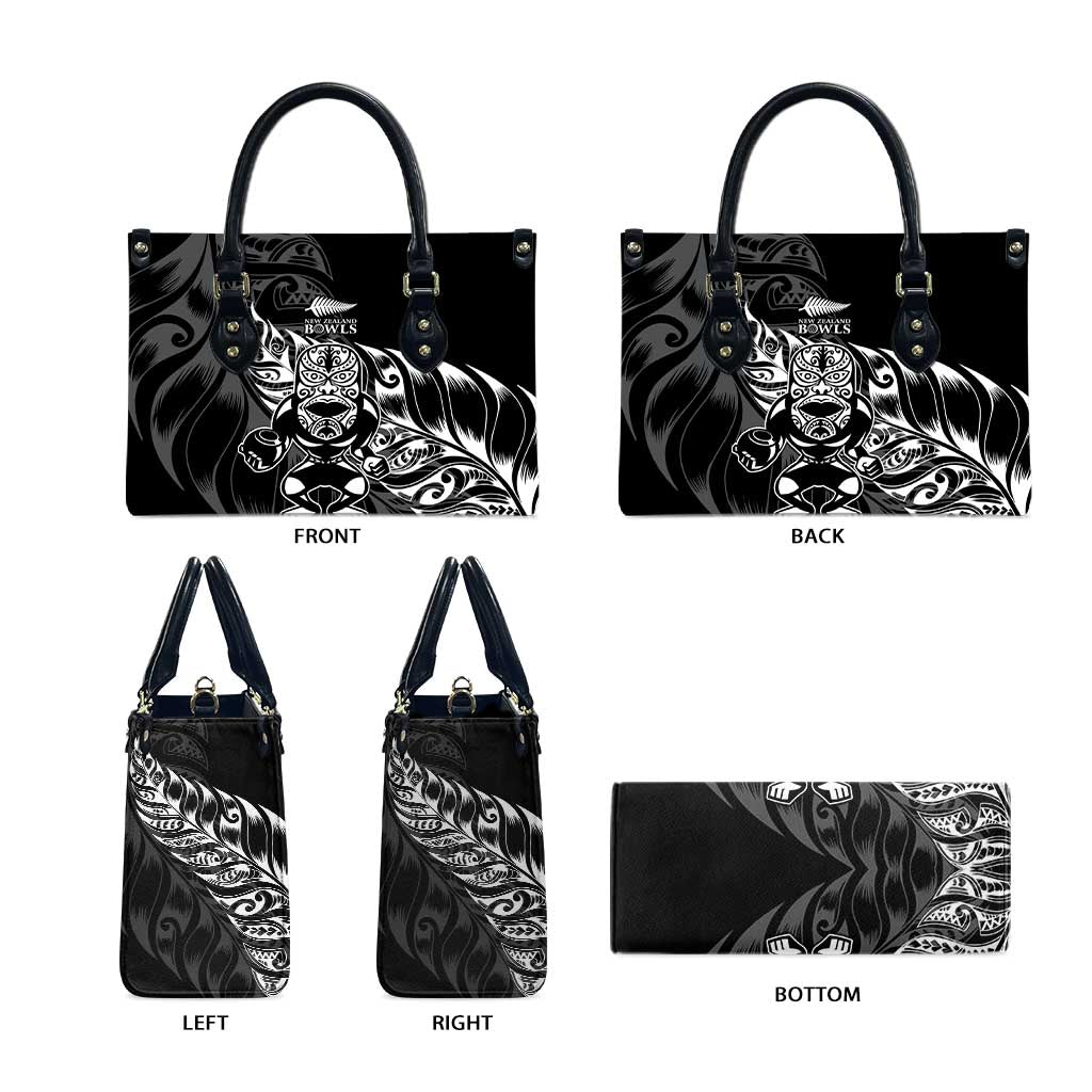 New Zealand Lawn Bowls Leather Bag Black Maori Warrior Tribal Silver Fern - Polynesian Pride