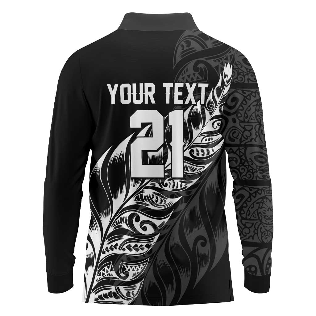 New Zealand Lawn Bowls Custom Long Sleeve Polo Shirt Black Maori Warrior Tribal Silver Fern - Polynesian Pride