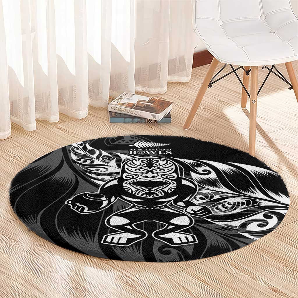 New Zealand Lawn Bowls Round Carpet Black Maori Warrior Tribal Silver Fern - Polynesian Pride