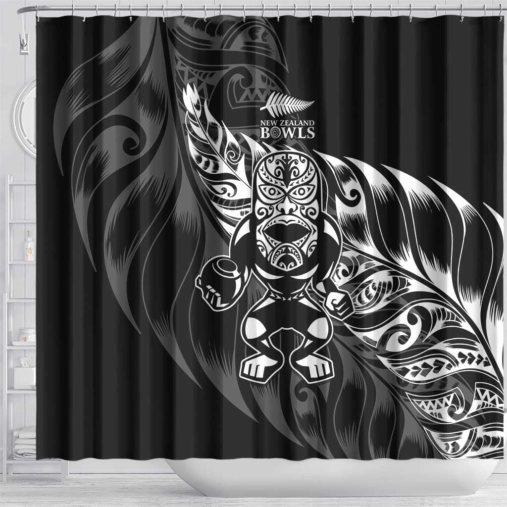 New Zealand Lawn Bowls Shower Curtain Black Maori Warrior Tribal Silver Fern - Polynesian Pride
