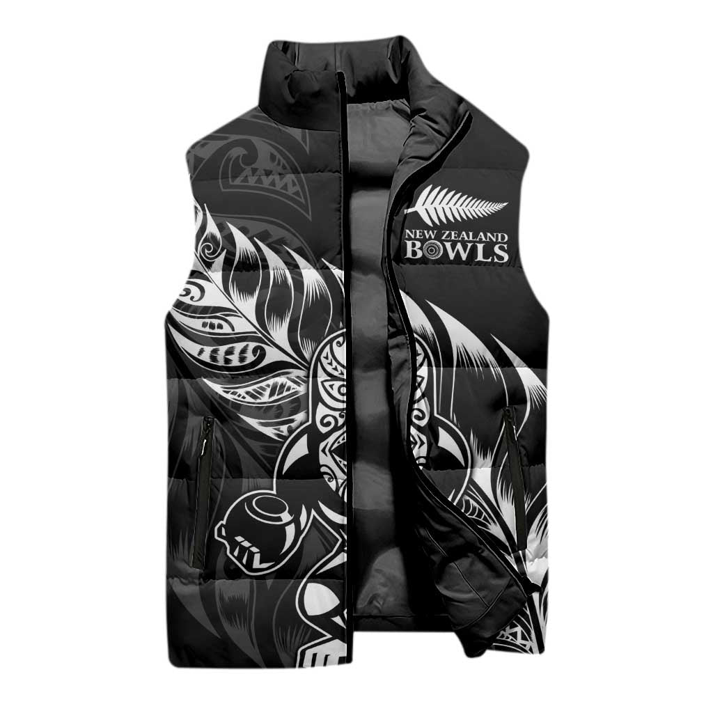 New Zealand Lawn Bowls Custom Sleeveless Puffer Jacket Black Maori Warrior Tribal Silver Fern - Polynesian Pride