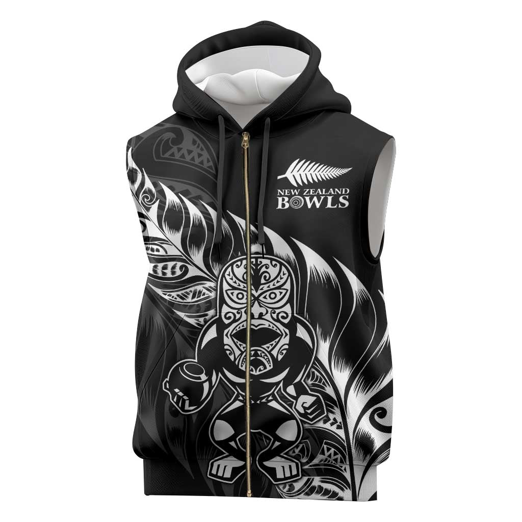 New Zealand Lawn Bowls Custom Sleeveless Zip Hoodie Black Maori Warrior Tribal Silver Fern - Polynesian Pride