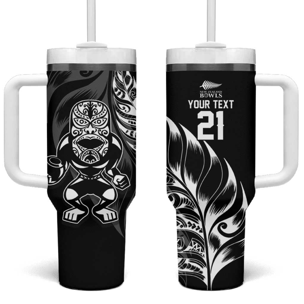 New Zealand Lawn Bowls Custom Tumbler With Handle Black Maori Warrior Tribal Silver Fern - Polynesian Pride