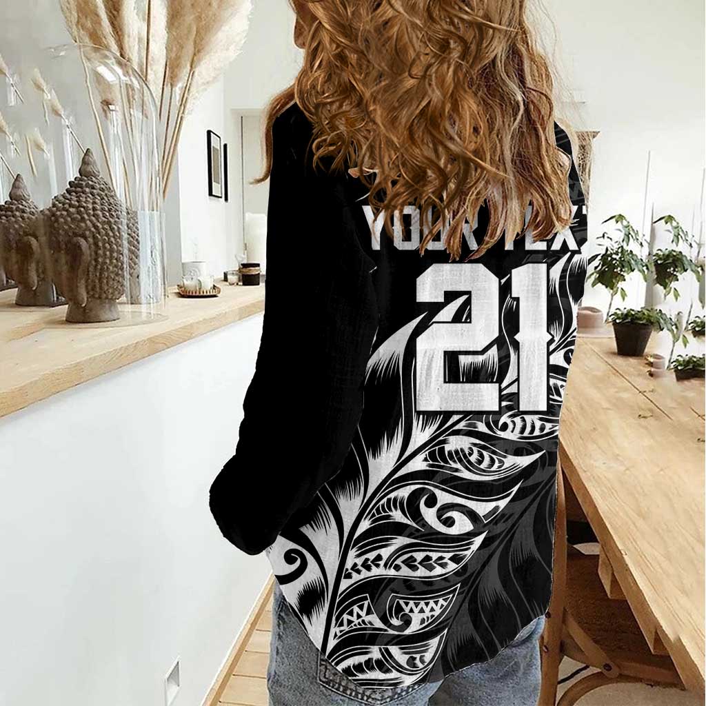 New Zealand Lawn Bowls Custom Women Casual Shirt Black Maori Warrior Tribal Silver Fern - Polynesian Pride