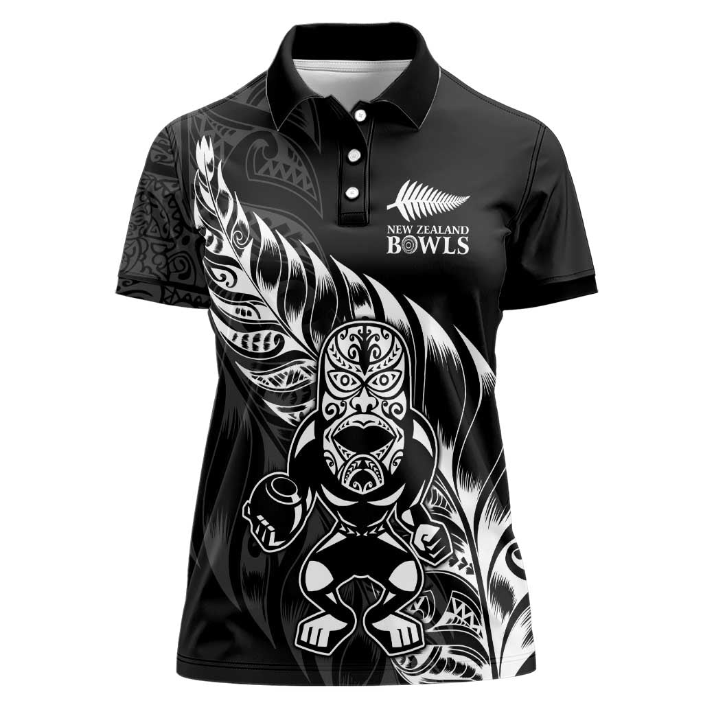 New Zealand Lawn Bowls Custom Women Polo Shirt Black Maori Warrior Tribal Silver Fern - Polynesian Pride