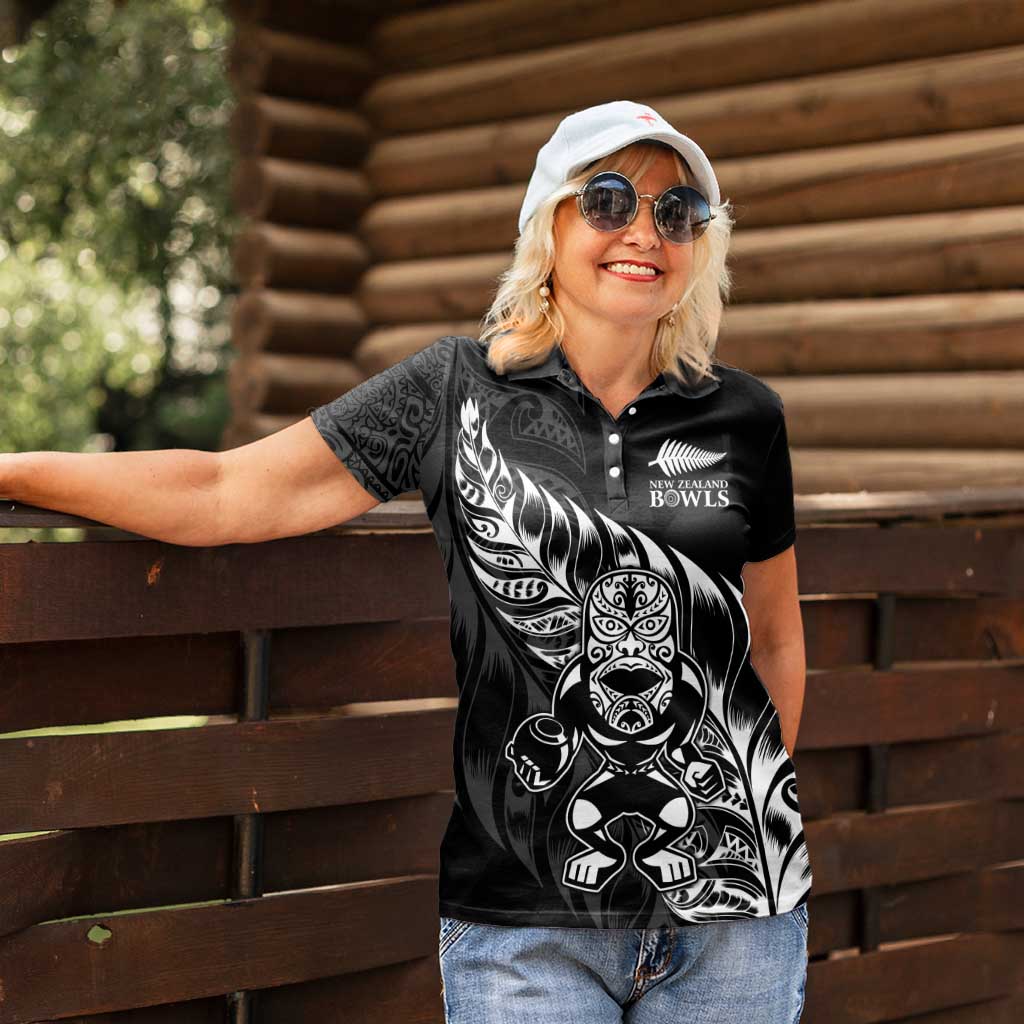 New Zealand Lawn Bowls Custom Women Polo Shirt Black Maori Warrior Tribal Silver Fern - Polynesian Pride