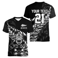 New Zealand Lawn Bowls Custom Women V-Neck T-Shirt Black Maori Warrior Tribal Silver Fern - Polynesian Pride