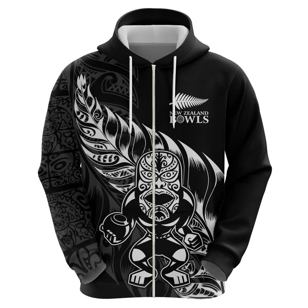 New Zealand Lawn Bowls Custom Zip Hoodie Black Maori Warrior Tribal Silver Fern - Polynesian Pride