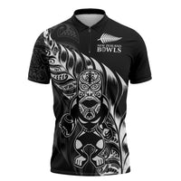 New Zealand Lawn Bowls Custom Zipper Polo Shirt Black Maori Warrior Tribal Silver Fern - Polynesian Pride