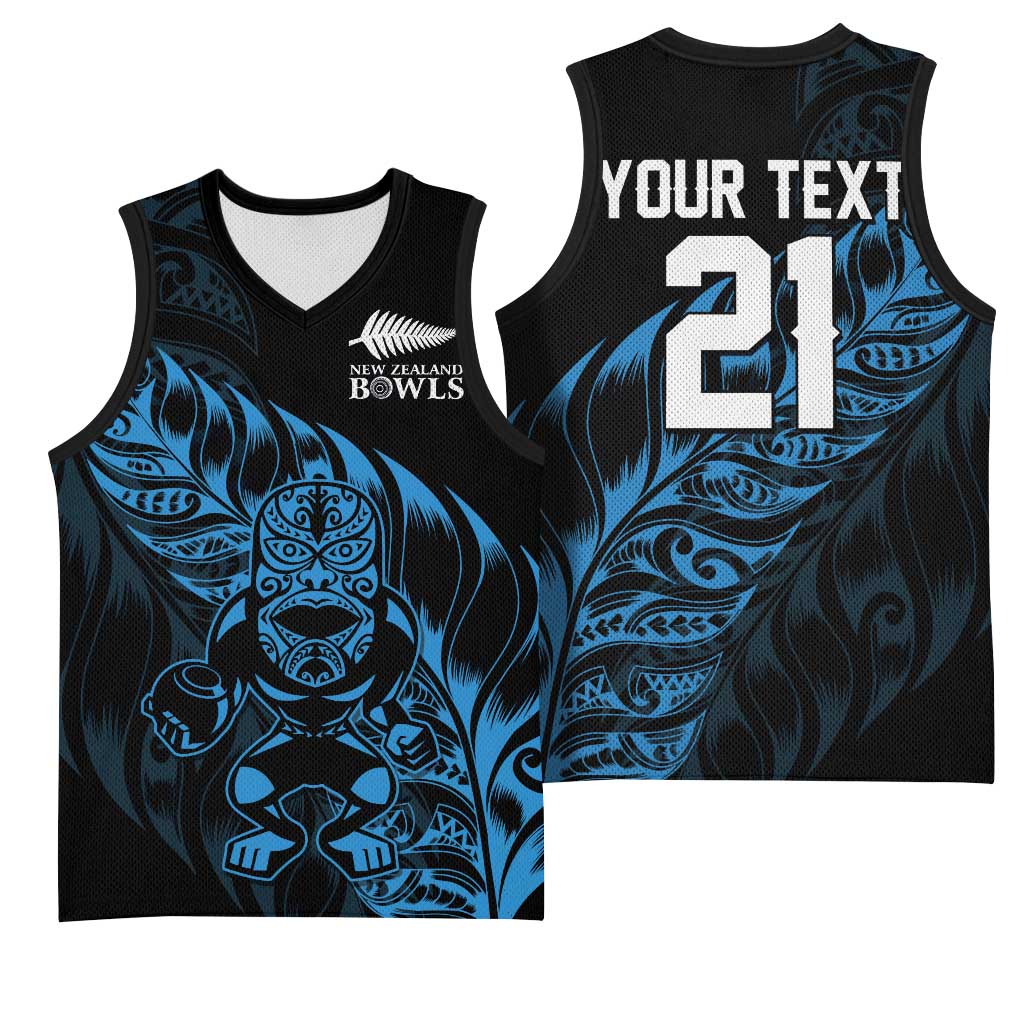 New Zealand Lawn Bowls Custom Basketball Jersey Blue Maori Warrior Tribal Silver Fern - Polynesian Pride